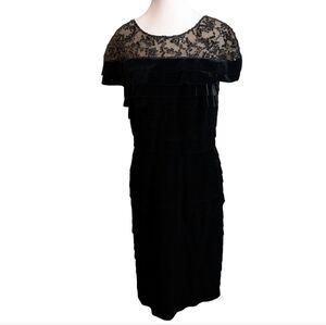 Tadashi Shoji‎ Elegant Little Black Velvet Dress Beaded Lace Size Large